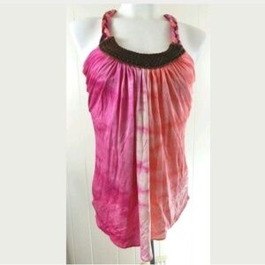 Sky Leather Trim Silk Tie Dye Tank